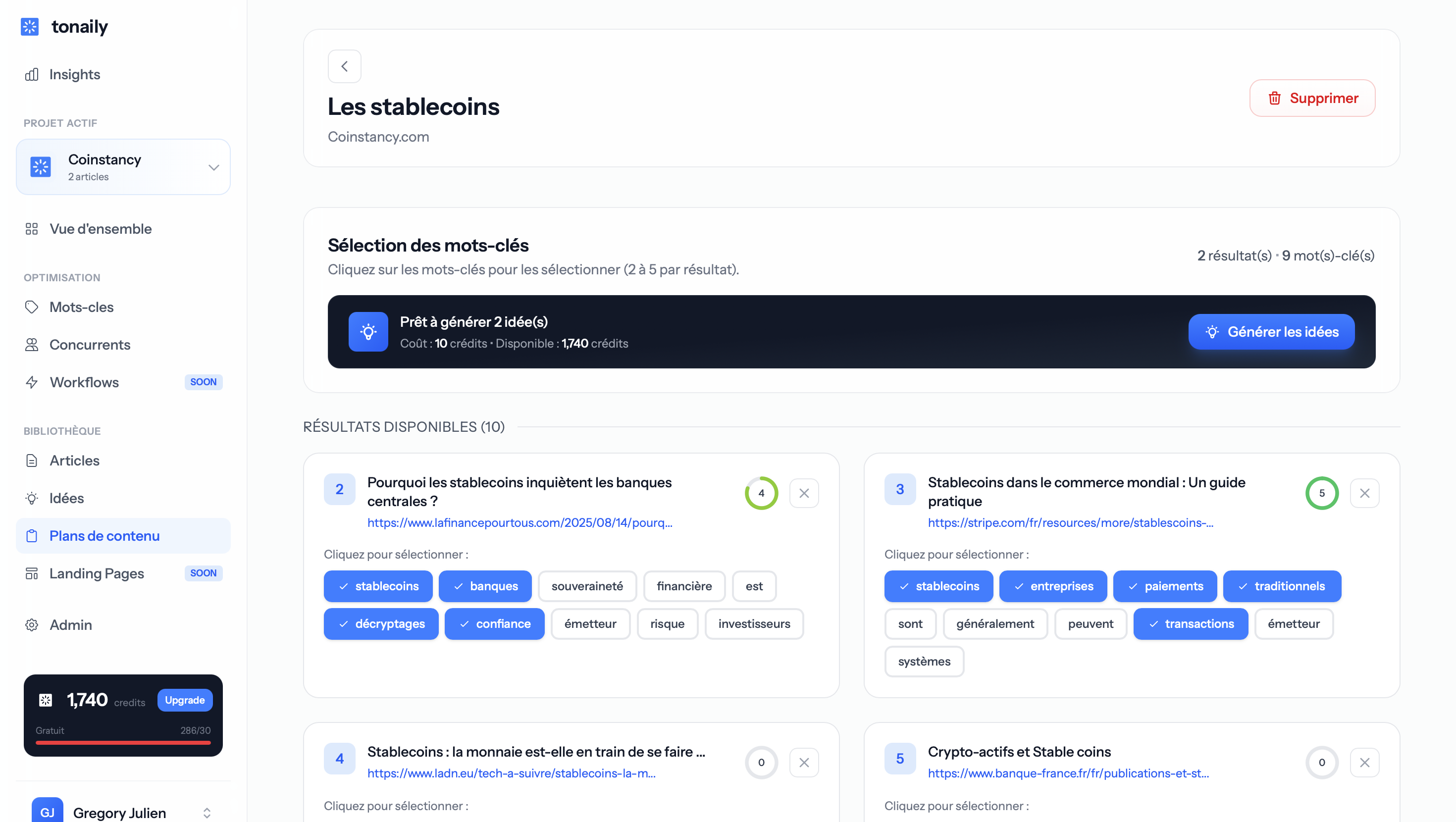 Tonaily Content Plan Interface
